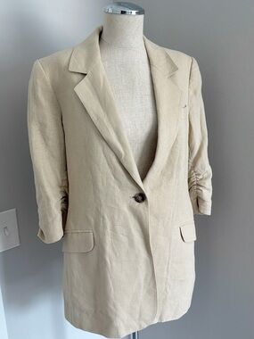 Andrea Behar Linen Women’s Beige Long Blazer Jacket Size 8 Lined